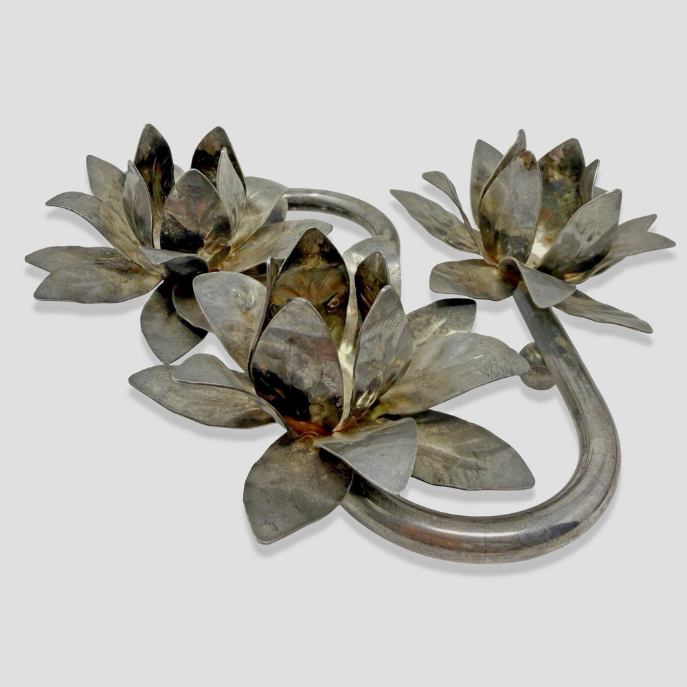 Vintage Winston Metal Lotus Flower Triple Candle Holder Candelabra Silver Tone